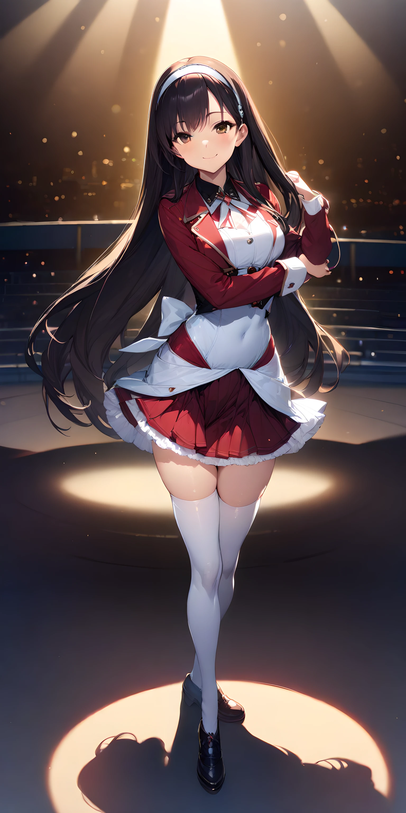 (masterpiece),(best quality),(ultra-detailed),(best illustration),(best shadow),(absurdres),(detailed background),(very aesthetic),yuki_morikawa, 1girl, solo, thighhighs, long hair, white thighhighs, skirt, hairband, smile, stage background, shoes,  brown eyes, full body, white dress, red jacket, red skirt, <lora:XL-YukiMorikawa:1>