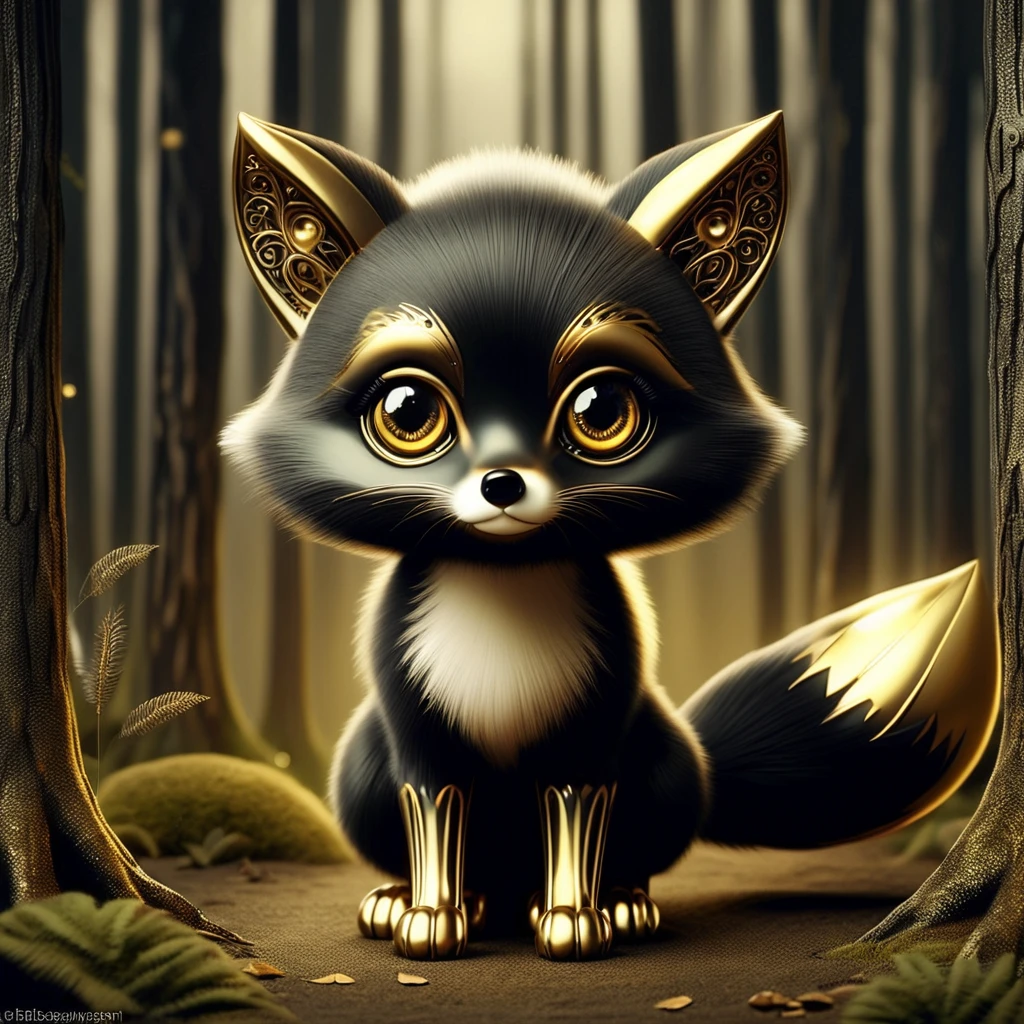 RetroBG, cute black and gold furred fox in a dark forest, fantastical, whimsical, cute, big eyes  <lora:RetroLuxe World Morph:1>