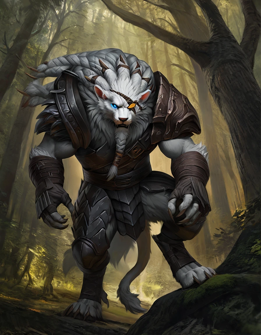 canine,canid,Rengar,lion,mammal,furry,anthro,day,fluffy,male,solo,blue eye,yellow eyepatch,armor,standing,full body,looking at viewer,forest,realistic,digital art, concept art,newest,masterpiece, best quality
 <lora:RengarXLV2:1>