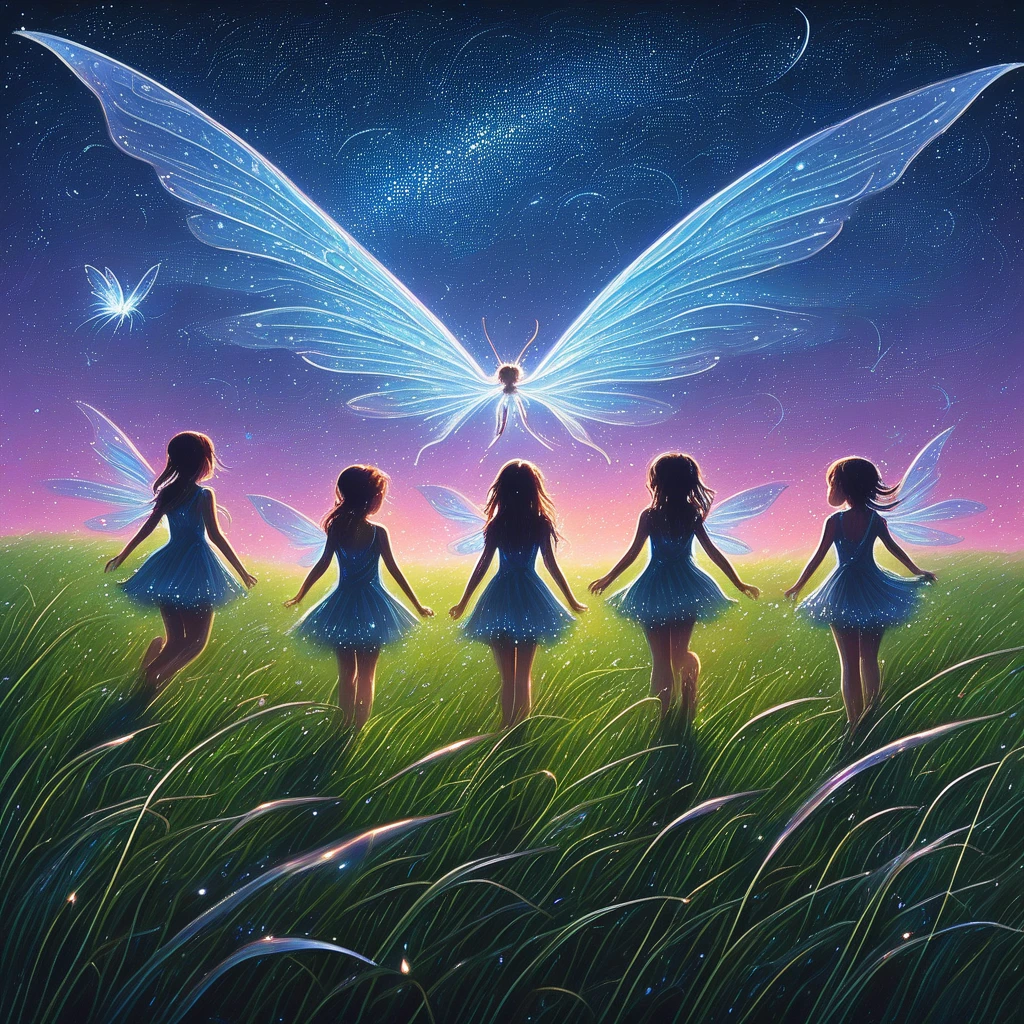 scenery, background, wings, fairy wings, fairy, 6+girls, scenery, 5girls, flying, realistic, grassy field, pixies, star filled night sky, star (sky), starry sky, sky, wings, multiple girls, fairy wings, night, grass, fairy, silhouette, 6+girls, night sky, scenery, short hair, outdoors, flower, 5girls, flying, A serene nighttime meadow, illuminated by the soft glow of ethereal fairies, the fairies have delicate, translucent wings that shimmer with an otherworldly light, their bodies are silhouetted, highlighting their graceful forms and intricate wing patterns, they float gently above the lush green grass, which sways slightly as if touched by a gentle breeze, the grass is detailed, each blade visible and glistening with tiny dewdrops that reflect the fairies' light, the background is a vast, star-filled sky with the Milky Way clearly visible, adding a sense of depth and wonder to the scene, the fairies emit a soft, radiant light that casts a gentle glow on their surroundings, creating a magical atmosphere, the overall scene is peaceful and enchanting, capturing the delicate beauty of the fairies and the serene, natural setting, with high-resolution details, vibrant colors, and a sense of quiet magic, scenery, pixies, fairies, no humans, no human, no people, grass, starry sky, night time, night,