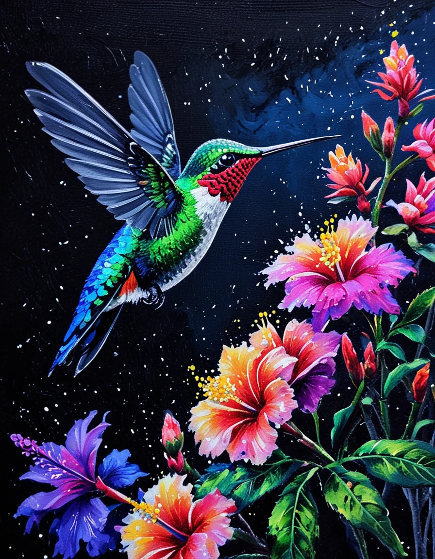 hummingbird and flower <lora:novuschroma49 style:1> novuschroma49 style