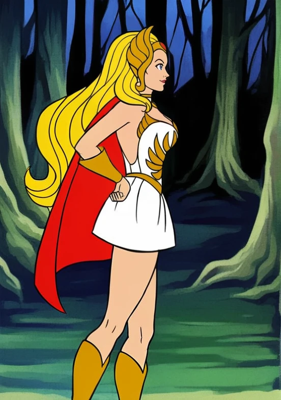 sh3ra, warrior princess, solo, blonde hair, blue eyes, friendly smile, gold tiara, white dress, white skirt, red cape, gold armour, boots, full body, hands on hips, <lora:She-Ra_Princess_of_Power_1987_-_Pony:0.8>, in a fantasy forest, side view, walking,