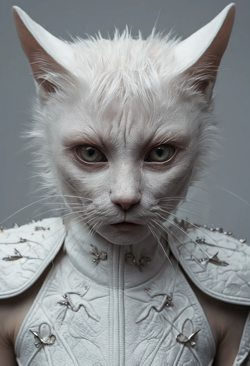 (a masterwork of fine surreal art:1.0), macro photography by Alessio Albi, (extreme details, beautiful skin delicate texture), (Yolandi Visser:1.4) (cat:1.8), short fur, armour 