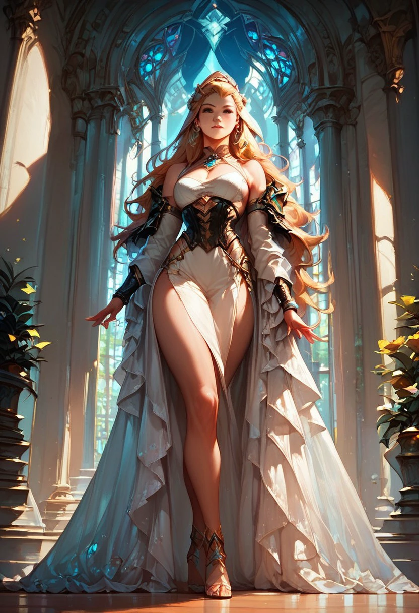 masterpiece,highest quality,Ultra high definition, Appearance of nobility and wisdom, wizardly strength, blond hair, sharp eyes, long pointed ears, sumptuous clothing, silk or fine fabrics, bright colors, intricate patterns, tall towers, ancient forests, environment they live in, blond hair