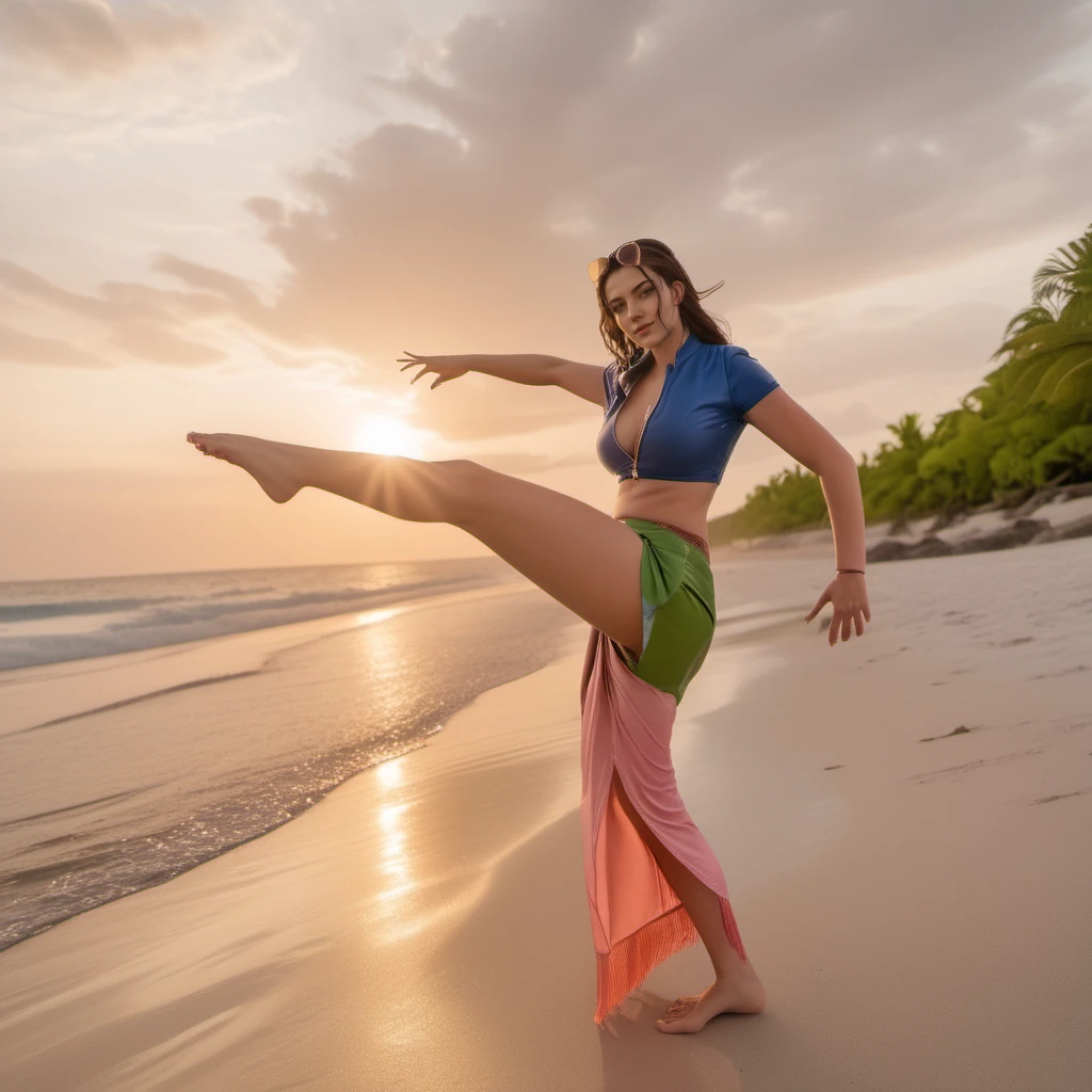 cinematic photo full body portrait 1girl, breast,  eyewear on head, navel, blue leather crop top, pink and green sarong, barefoot, highkick poses, detailled hands, on a beach,  sunset <lora:NicoRobin1024:0.8> . 35mm photograph, film, bokeh, professional, 4k, highly detailed