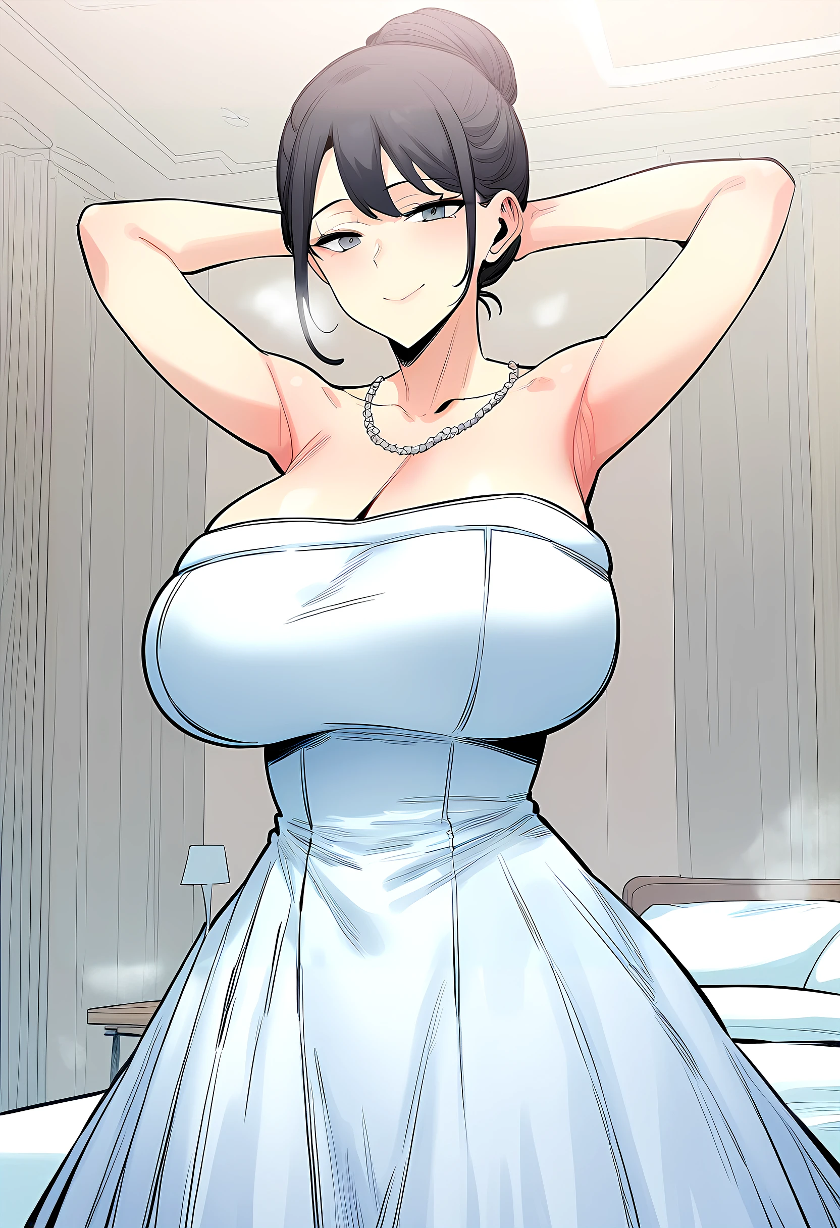 best quality, masterpiece, best animated, highres,
cowboyshot, full body,
1girl, solo, mature female, very short hair, navy blue hair, yellow eyes, tomboy, <lora:Tomboy-3000-12repeats:0.7>, <lora:tareme_eyes:1.3>,
large breasts, detailed face, detailed eyes,
white dress, lace, <lora:lace:0.7>,
bright light, bright, detailed light,