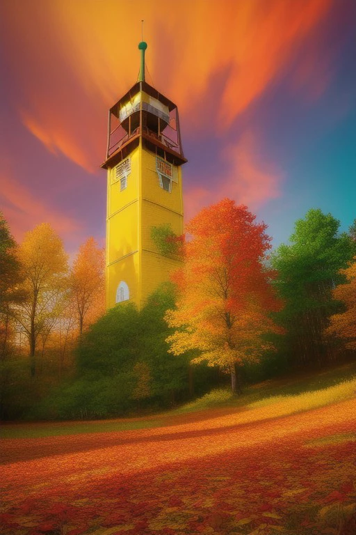 Big forest with yellow, green and red leaves at sunset, a small town with a church and a radio tower in the background, fantasy, professional canvas, triadic colors, deep color, volumetric lighting, shading with dark edges, richly detailed, matte background, style octane render.