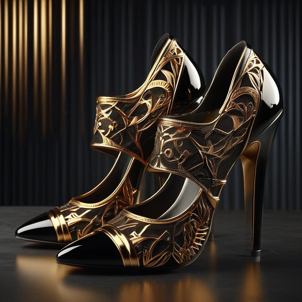 RetroBG, black and gold high heels, intricate design, dark background, sleek, elegant, luxurious, fashion,  stylish, detailed, high quality <lora:RetroLuxe World Morph:1>