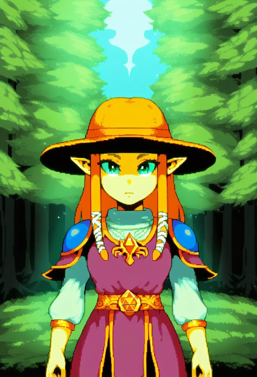 lpho, pixel style, dark, rating_safe, solo, cowboy shot, princess zelda, shoulder armor, hat, forest, night