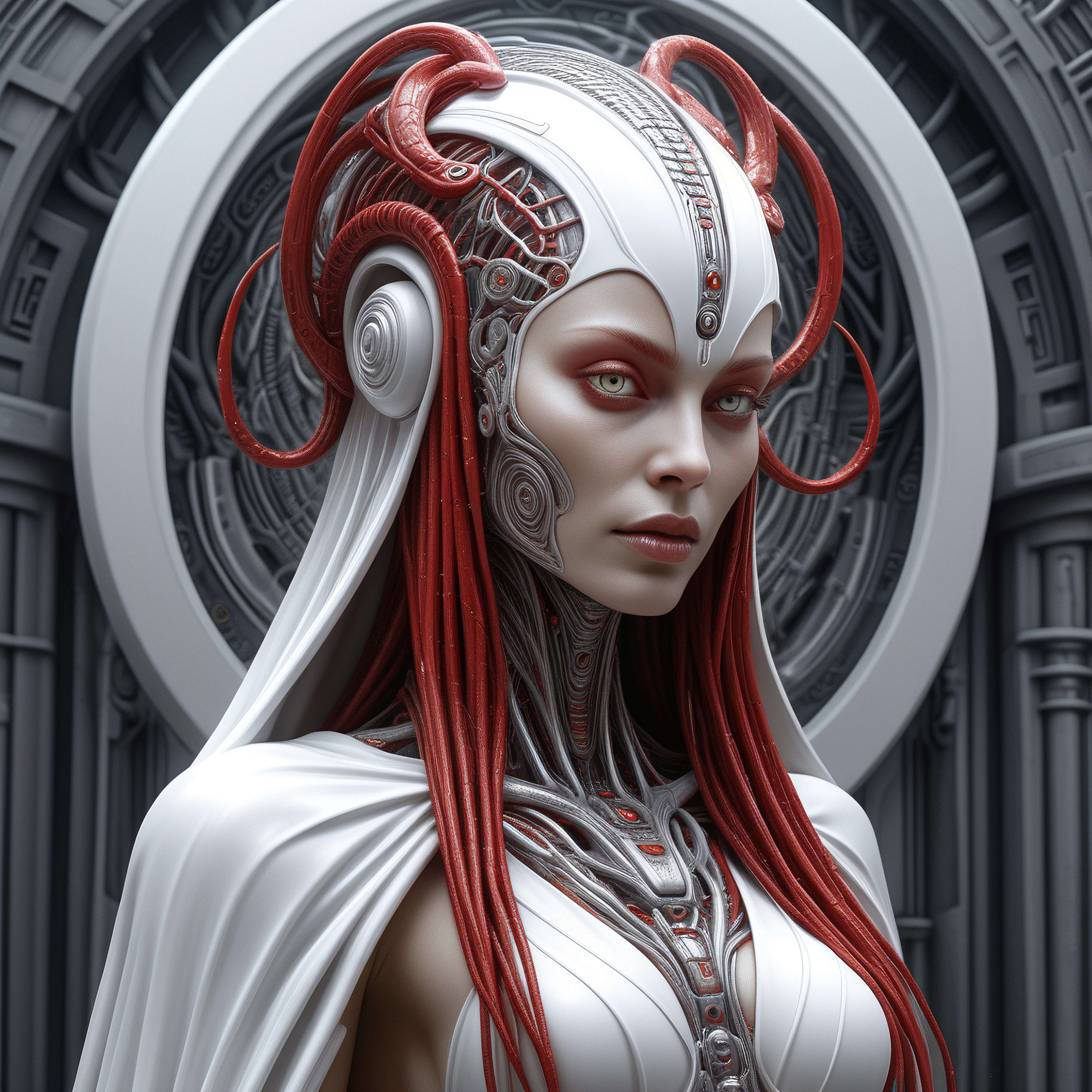 A Beautiful alien machine goddess of the rainstorms in white celtic robes by android jones alex grey m, c, escher h, r, giger android jones alex grey mark cooper alien beauty alien cyborg machine goddess beauty alien celtic red - haired rainstorm goddess with white robes and metallic machine deity alex grey android jones hr giger artgerm artstation award winning photorealistic detailed hypervivid intense fantasy concept art by greg rutkowski














