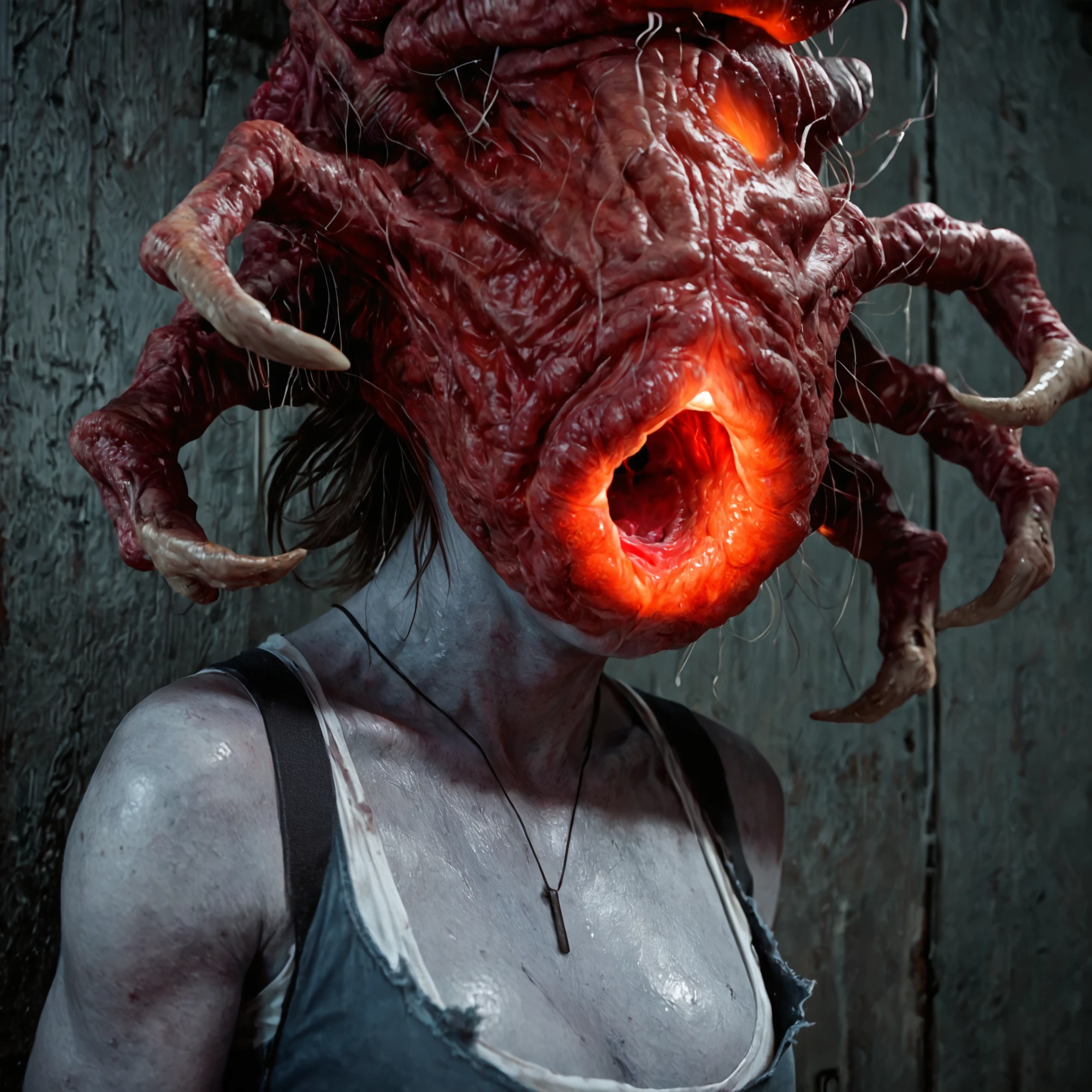 1girl, head parasite, type 2 infection, ne-a infection, parasite has red/yellow glowing mouth naked, grey skin, 