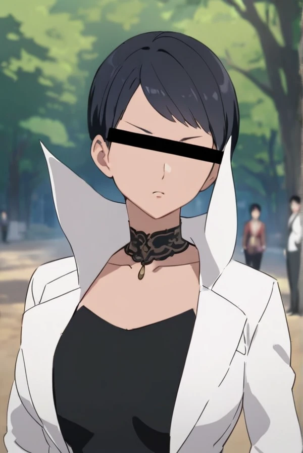 <lyco:RenhoGintama:1.5>, high quality, masterpiece, best quality, anime visual, Renho/(Gintama)/, woman, black bar over eyes, Censored Face, very short hairstyle, very short bangs, black hair, formal, large collar, white coat, black shirts, black pants, park backgrounds, cowoy shot