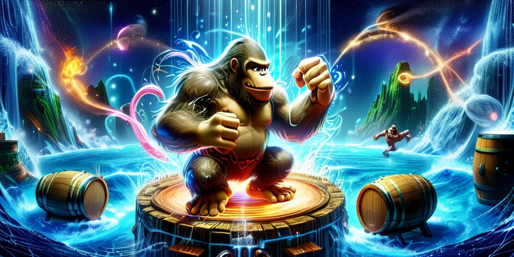 Konky Kong throwing barrels down at Mareo, <lora:Cyberspace:1> cyberspace, glowing magical energy in cyberspace, detailed faces