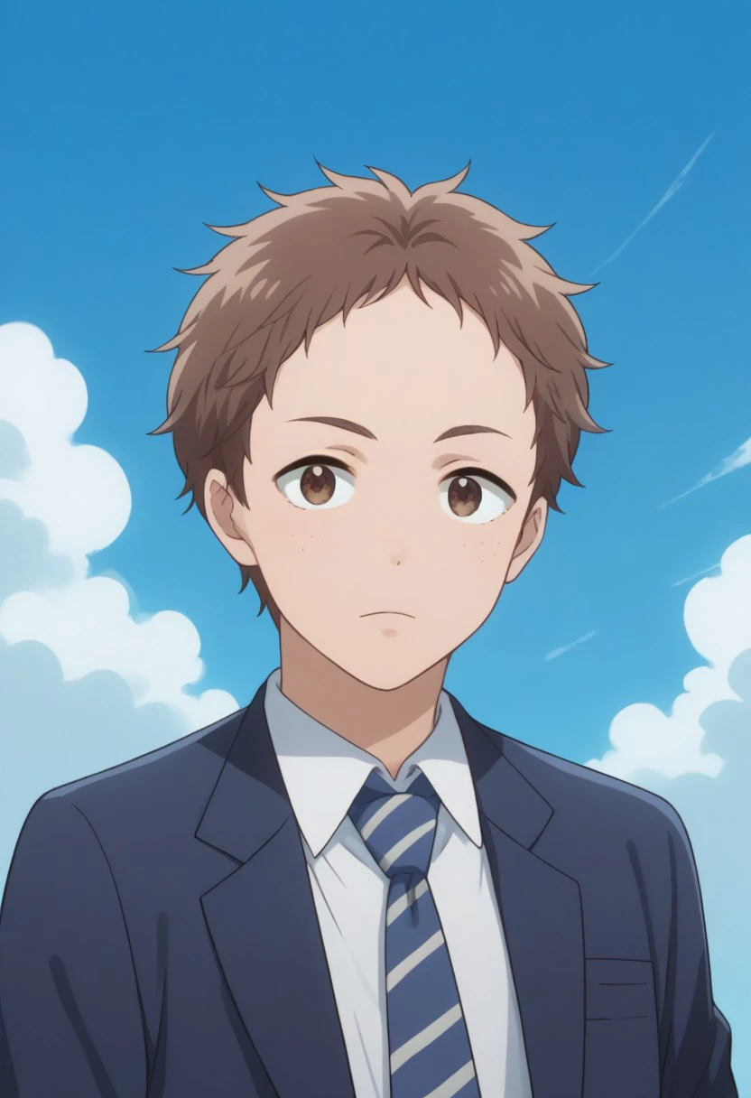 score_9, score_8_up, score_7_up, source_anime, highly detailed, 
taiyo, 1boy, male focus, brown hair, solo, full body, brown eyes, freckles, school uniform, necktie, jacket, striped, blazer, striped necktie, upper body
outdoor, sky,