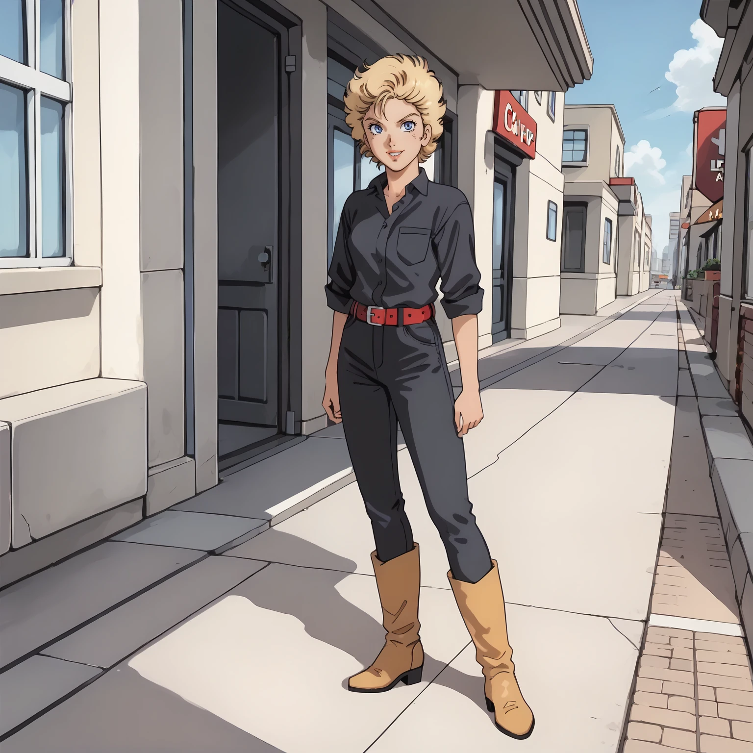 <lora:VW_SusanSommersXLpony001>,
looking at viewer,smile,parted lips,
solo,
SusanSommers,1girl,blonde hair,short hair,blue eyes,
collared_shirt,black shirt,sleeves rolled up,
red belt,black pants,
ankle_boots,
outdoors,
full body,standing,