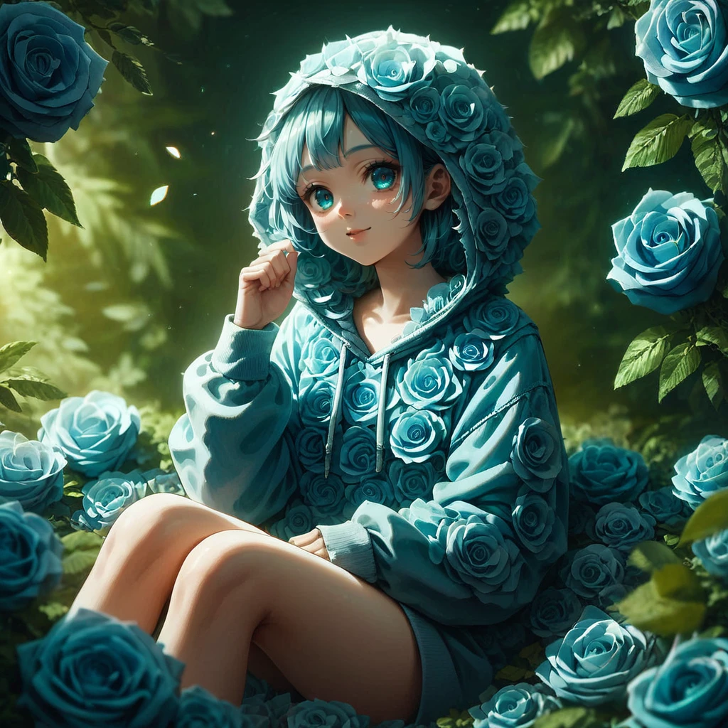 score_9, score_8_up, score_7_up, score_6_up, absurdres, rating_safe, source_anime, illustration, 4K, ultra detailed, intricate detail, 1girl, rose hoodie, blue flower, skinny, Blue_Rose, <lora:Blue_Rose:1>