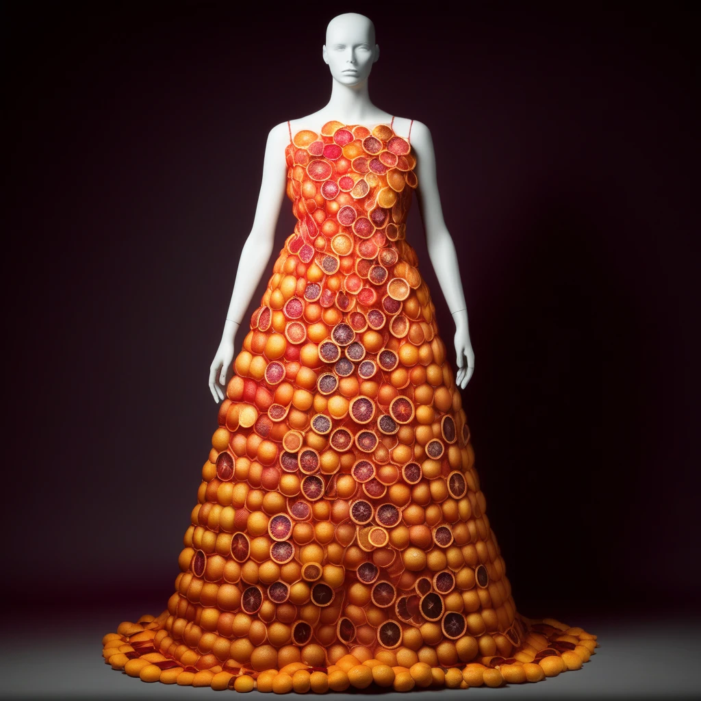 a woman wearing a dress made of blood oranges