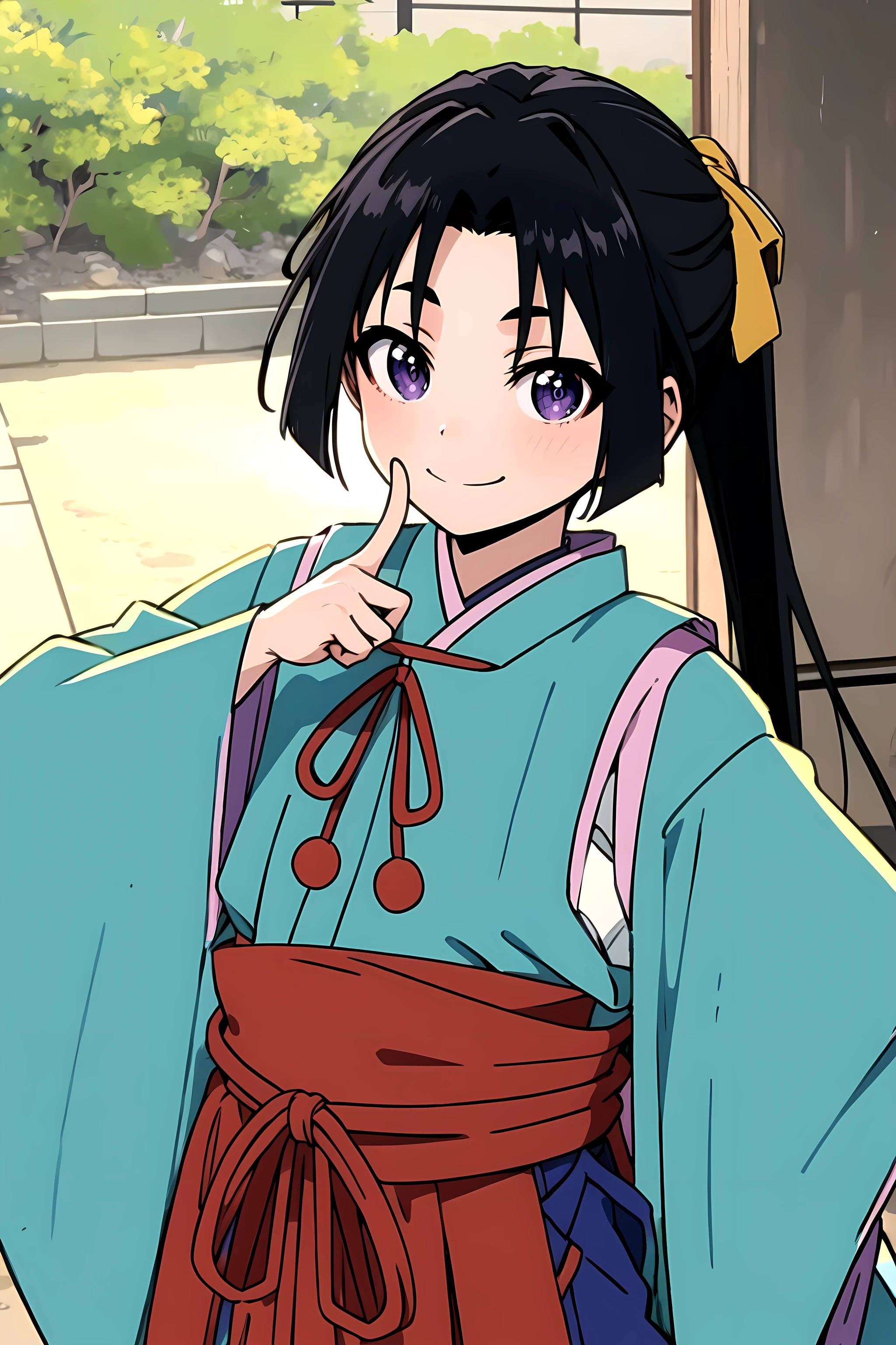 masterpiece, best quality, HojoTokiyuki, 1boy,  young boy,solo, black hair, japanese clothes, pointing, hands on face,long hair, upper body, purple eyes, pose,male focus,cute,blue pants,wide sleeves, pose,ribbon trim,very long hair, ponytail, smile, sheathed, bangs, sheath, outdoors, scenery,japan,<lora:Hojo Tokiyuki:0.75>