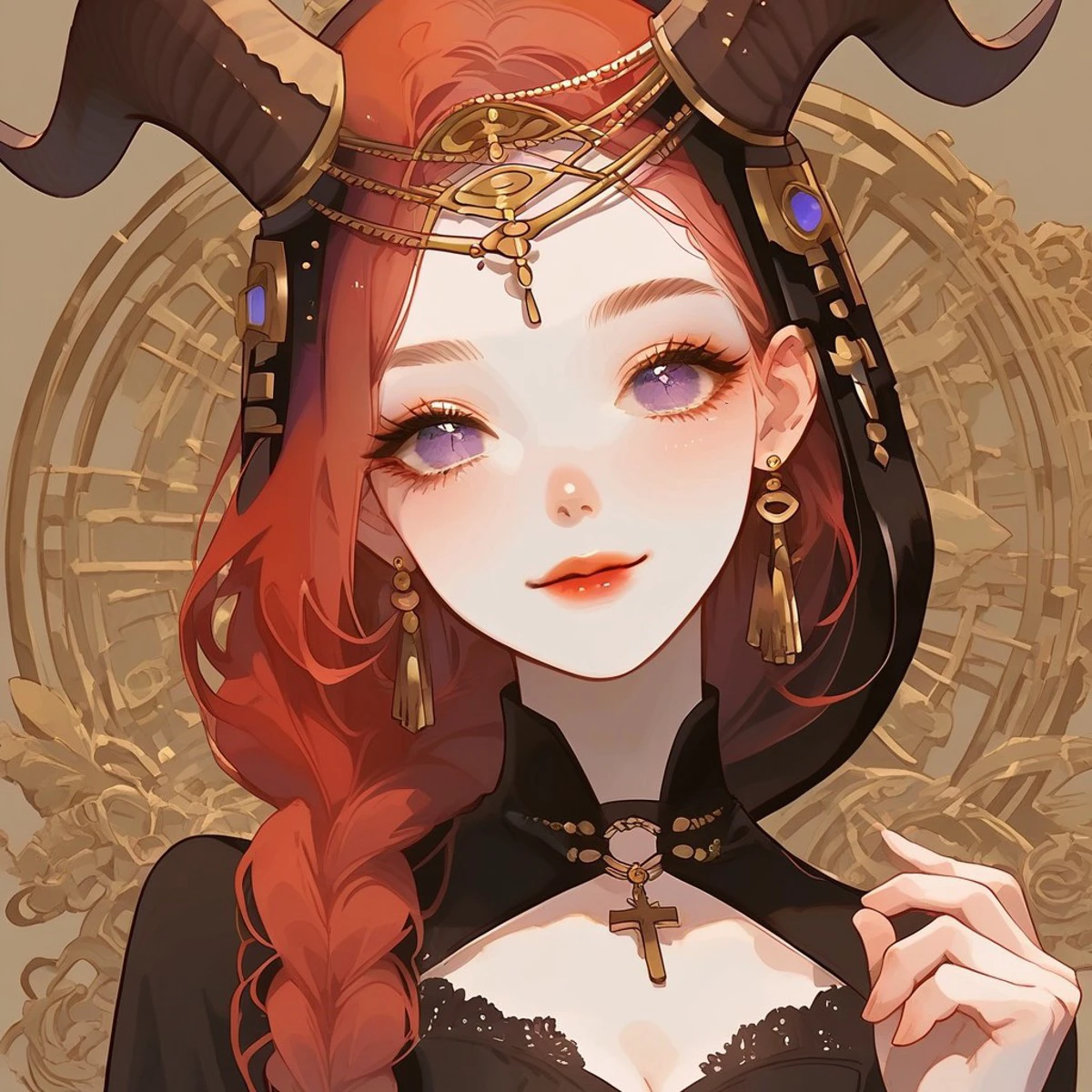 score_9, score_8_up, score_7_up, 1girl, solo, Tiefling, female, white skin, braid hair, long hair, pony tail, red hair, earings on ears, kind eyes, purple eyes, cross-shaped pupil, black dress, side slits, faint cleavage, brown horns, golden earrings, cute face, beautiful face, dutch angle, room background, smiling, full body, legs