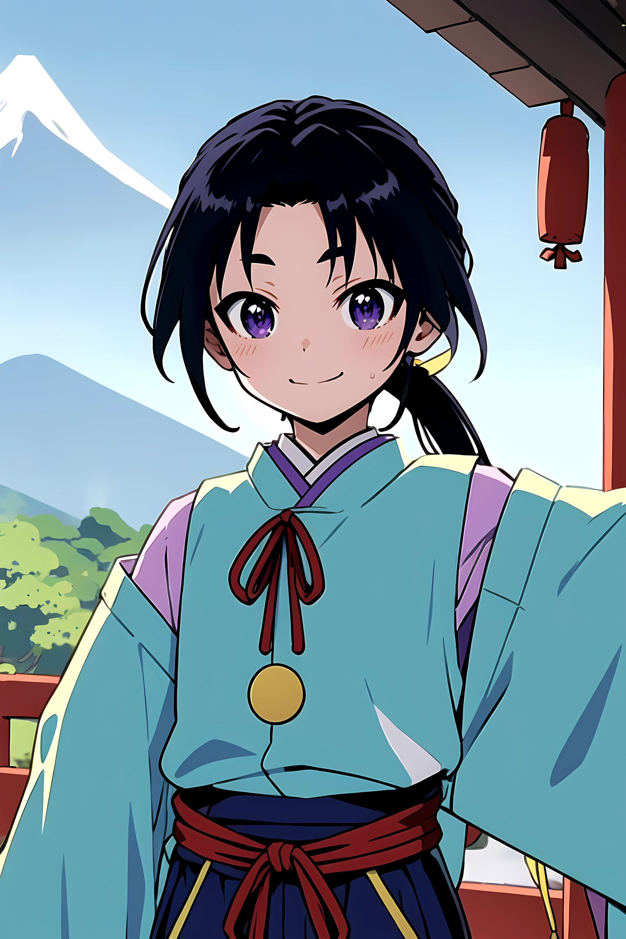 masterpiece, best quality, HojoTokiyuki, 1boy,  young boy,solo, black hair, japanese clothes,  long hair, upper body, purple eyes, pose,male focus,cute,blue pants,wide sleeves, pose,ribbon trim,very long hair, ponytail, smile, sheathed, bangs, sheath, outdoors, scenery,japan,<lora:Hojo Tokiyuki:0.75>