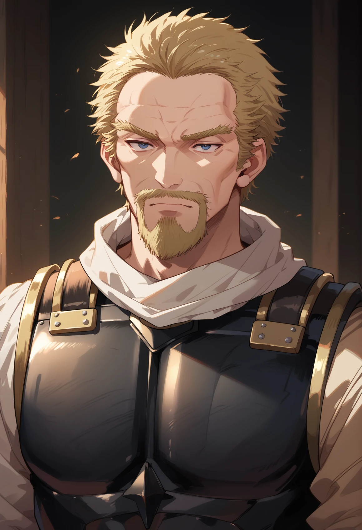 1boy, <lora:askeladdvinland:1> askeladdvinland, facial hair, mature male, black armor, score_9, score_8_up, score_7_up, score_6_up