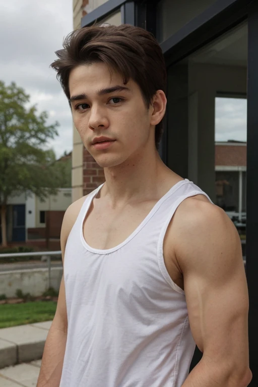 Realistic photo of cute teenager alone , boy, Teenager , 16 yrs old , , with a defined physique from lots of training , Standing in front of an abandoned house ,giorno