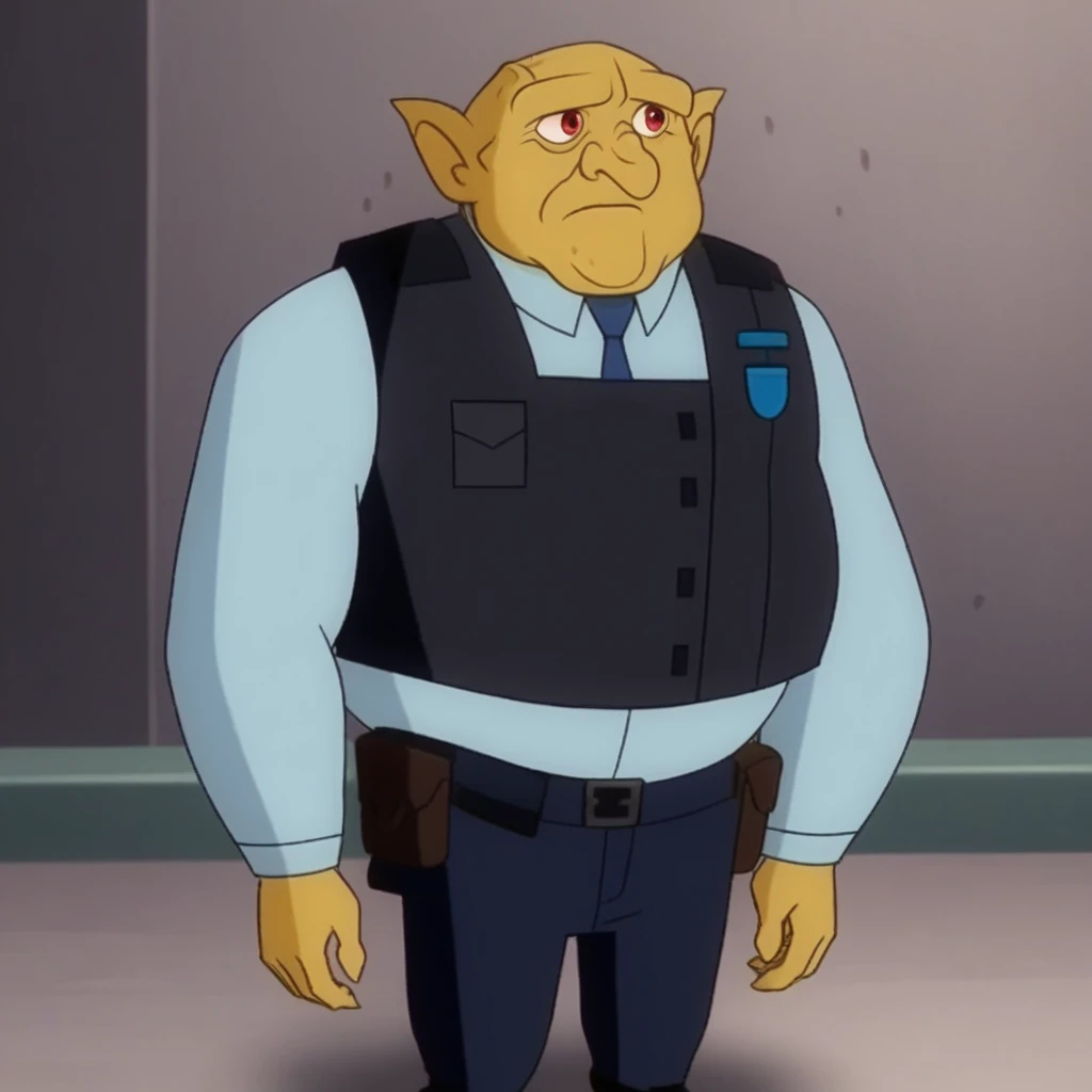 score_7_up, BREAK, 1boy, solo, BARNABASDINGLEKNOT, red eyes, pointy ears, green skin, shirt, necktie, vest, vest, uniform, cowboy shot, <lora:BarnabasDingleknot_PXL_Leaf1_r1:1>, arms at sides,