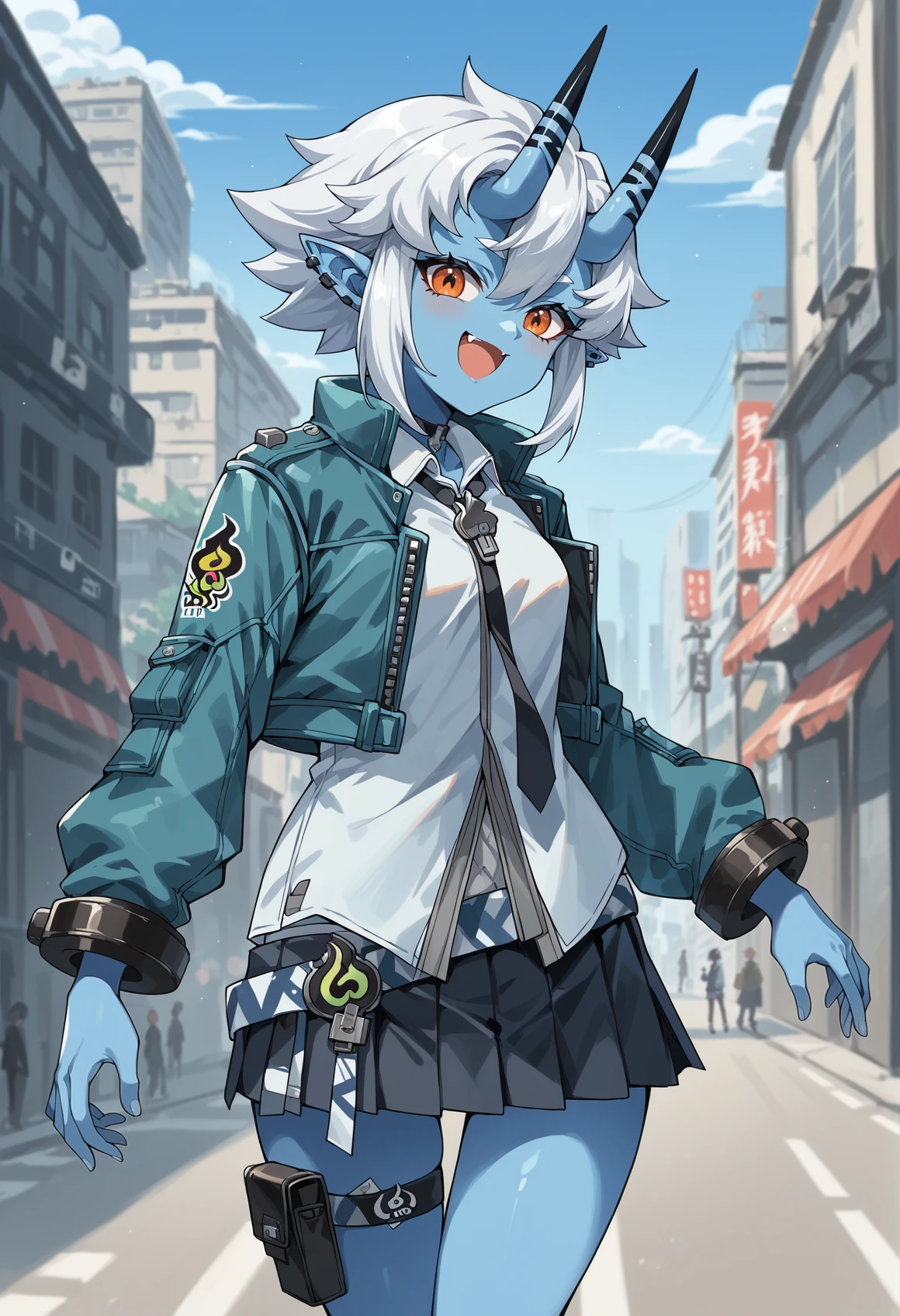 1girl, oni, blue skin, colored skin, skin-covered horns, orange eyes, pointy ears, white hair, short hair, sidelocks, tail, earrings, shackles, choker, white shirt, necktie, brooch, jacket, pleated skirt, thigh holster, outdoors, city, smile, open mouth, fang <lora:Soukaku_ZZZ:1>, score_9, score_8_up, score_7_up, score_6_up, score_5_up, score_4_up, BREAK source_anime, masterpiece