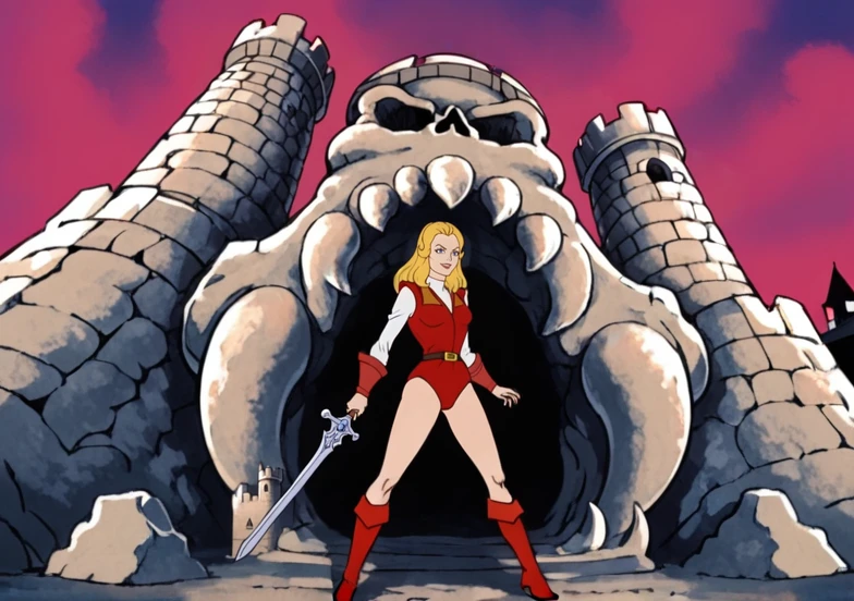 ad0ra, princess, solo, blonde hair, blue eyes, friendly smile, red leotard jacket, red bracers, white sleeves, belt, red boots, full body, holding a sword <lora:She-Ra_Princess_of_Power_1987_-_Pony:0.8> castle greyskull background,