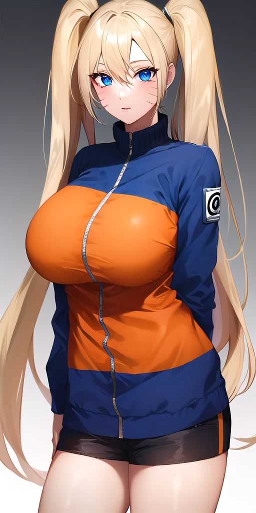 <lora:UzumakiNarukoV2:0.7> naruko_uzumaki, huge_breasts, standing, solo, arms_behind_back, multicolored_jacket_blue_jacket_orange_jacket, masterpiece, best_quality, detailed_face, detailed_eyes, highres, beautiful, detailed, absurdres,