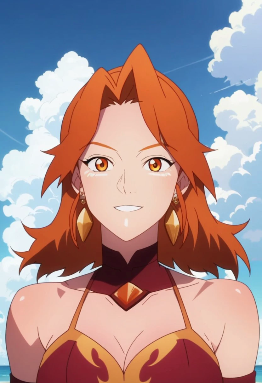 score_9, score_8_up, score_7_up, score_6_up, derpibooru_p_95, 
source_anime, very aesthetic, anime screencap, anime coloring, 
lina anime, lina anime \(dota 2\), 1girl, solo, long hair, breasts, looking at viewer, smile, bangs, large breasts, cleavage, bare shoulders, jewelry, collarbone, swimsuit, upper body, red hair, earrings, outdoors, sky, day, cloud, orange hair, blue sky, orange eyes, parted bangs, beach