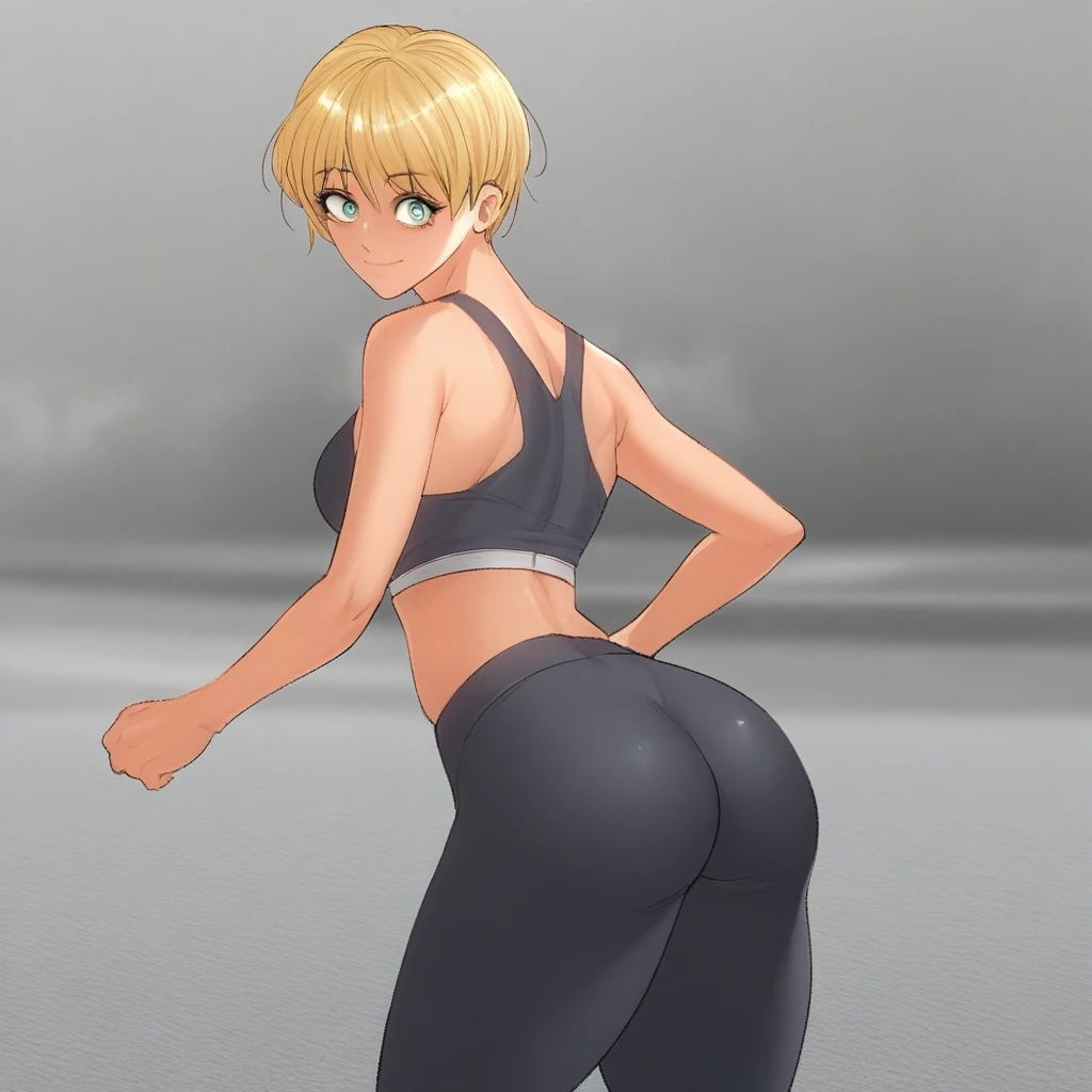 score_9, score_8_up, score_7_up, ASCII masterpiece, source_anime, BREAK, 1girl, solo, (( <lora:ah_ye-sung:1> , ah_ye-sung, thin waist, wide hips, beautiful dark skin, beautiful blonde hair, beautiful short hair, banges, clear eyes, beautiful aqua color eyes, bright pupils, beautiful eyes, big and shaggy breasts, natural beauty, extraordinary beautiful woman, attractive woman, super sexy woman, lustful body, sexy woman with seductive obscene body, sensual body, voluptuous body, sexy beauty, )) , obscene cleavage, uncensored, no piercings, no piercing, rare view, makeup, shiny skin, closed mouth, smile, best quality, masterpiece, seducing viewer, female focus, jogging, suggestive pose, ((sports bra)), perfect ass, ((yoga pants)), from back, looking back at viewer, jogging in a park,