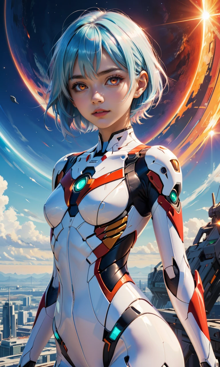 4n1v3rs3, Cosmic Steampunk Elves; intricate, entropy, gravitational pull, space dust, Heavenly, beautiful, ultra detailed, ultimate details, amazing details, super sharp details, masterful, (masterpiece:1.2), intricate details, best quality, high quality, rich vibrant vivid colors, ultra high res, cinematic still, 4k, 8k uhd, extremely intricate, extremely detailed, amazing, fine detail, high resolution, perfect, wonderful, ultrarealistic, photorealistic, 4n1v3rs3, 4n1v3rs3, zPDXL2, (ayanami rei), white EVA pilotsuit, red eyes, full lips, light smile, gloves, (white evangelion bodysuit:1.5), small breasts, looking at viewer, skinny, short light blue hair, skin tight, (colorful sunrise background:1.3), (intricate details), (dynamic angle)