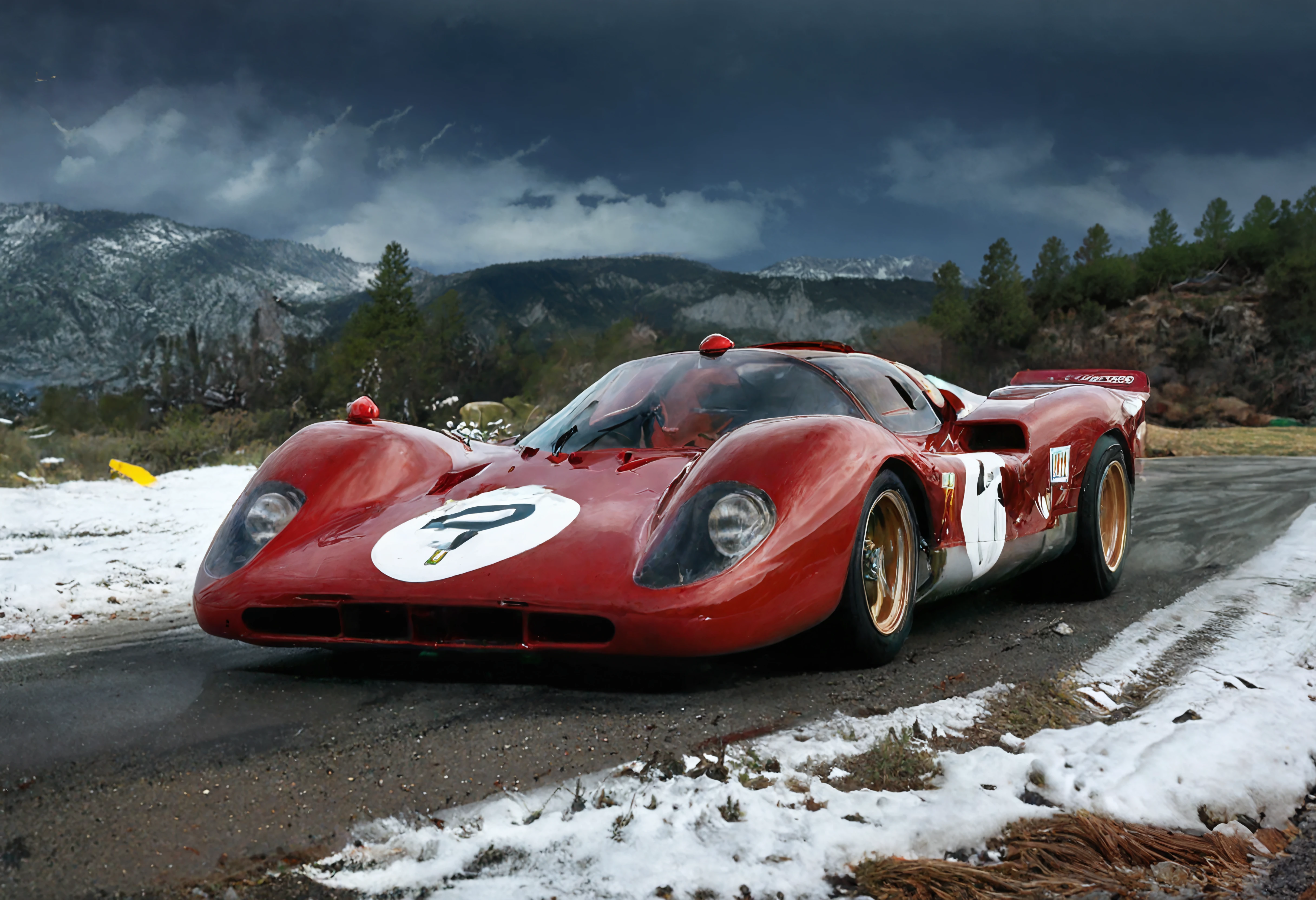 a photograph of a sports car, ferrari512m l960sm1deng1ne,     Stormy Weather: Dark clouds, lightning, and rain, adding tension and drama to the scene., Mocha Brown,  front view , Lake Tahoe in snow, dark, low-key,   low color saturation, concept art, perfect composition, masterpiece, professional photography, zeiss lens, shot on dslr 64 megapixels, sharp focus, intricately detailed, dramatic, tilt shift, f/32,