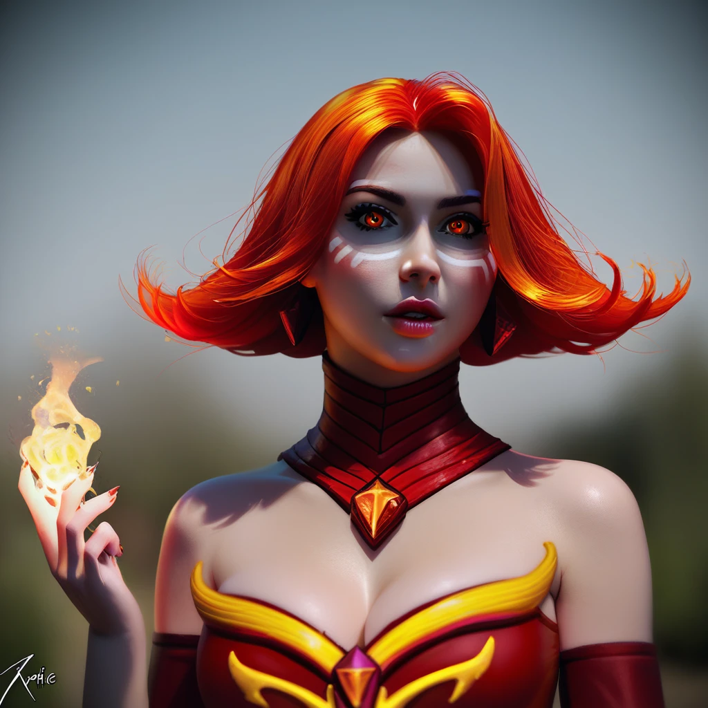 lina, lina \(dota 2\), 1girl, solo, breasts, short hair, cleavage, bare shoulders, medium breasts, upper body, red hair, parted lips, signature, lips, orange eyes, realistic, nose