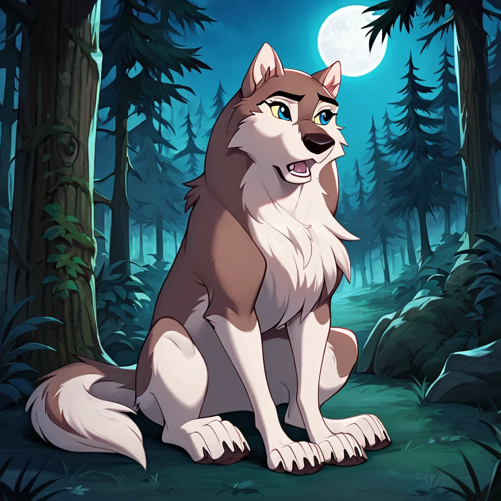 score_9, score_8_up, score_7_up, score_6_up, score_5_up, score_4_up,  <lora:Aleu:0.7>, aleu, blue eyes, solo, open mouth, full body, outdoors, no humans, night, fangs, dog, animal focus, white fur, 1girl, wolf, animal, body fur, two tone fur, yellow sclera, sitting, trees, moon, forest,