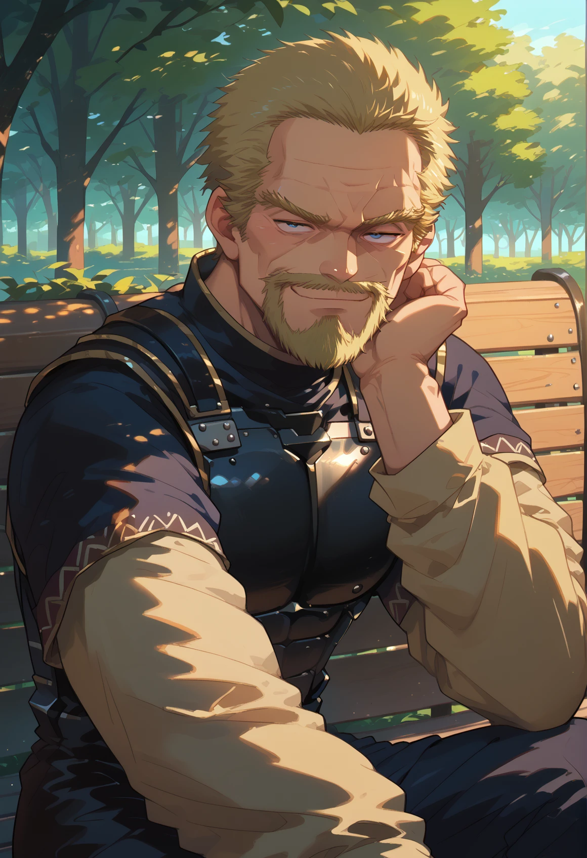 solo, 1boy, smug, sitting on bench, park <lora:askeladdvinland:0.95> askeladdvinland, facial hair, mature male, black armor <lora:Pony_Artfy:0.8>, score_9, score_8_up, score_7_up, score_6_up, <lora:Porforever_4RCH0N:0.7> source_anime, 4RCH0N, <lora:Sinozick_Style_XL_Pony:0.65> sinozick style, flat color