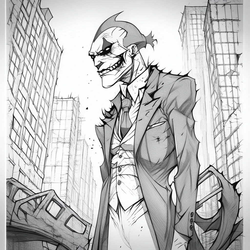 Evang, the Joker standing in a destroyed city street with torn clothing, scars, scratches, battle damaged suits, slender, menacing look, monochromatic
