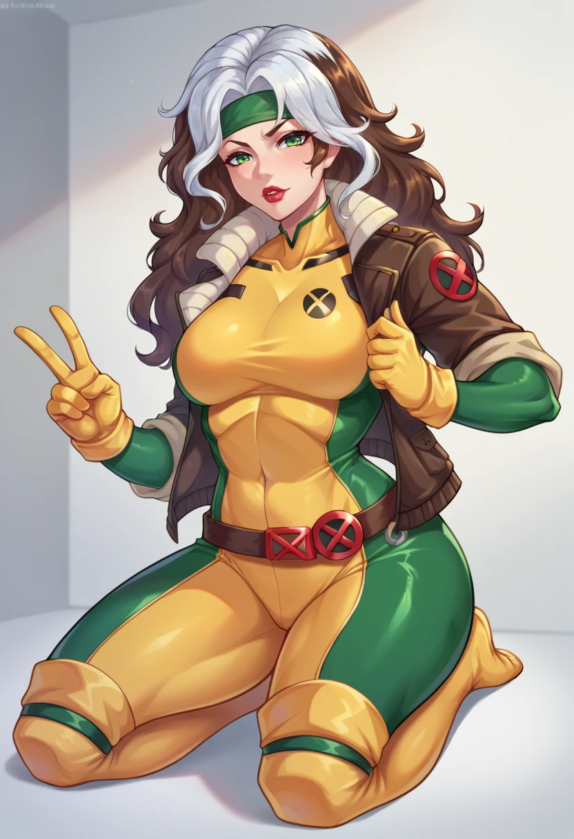 score_9,score_8_up,score_7_up BREAK <lora:rogue:1>,rogueSDXL,1girl,solo,long hair,looking at viewer,brown hair,gloves,green eyes,jacket,white hair,open clothes,open jacket,lips,bodysuit,makeup,headband,lipstick,skin tight,multicolored clothes,buckle,belt buckle,leather,superhero,bomber jacket,dyed bangs,multicolored bodysuit,green bodysuit,yellow bodysuit,cowboy shot,room,room background,kneeling, v