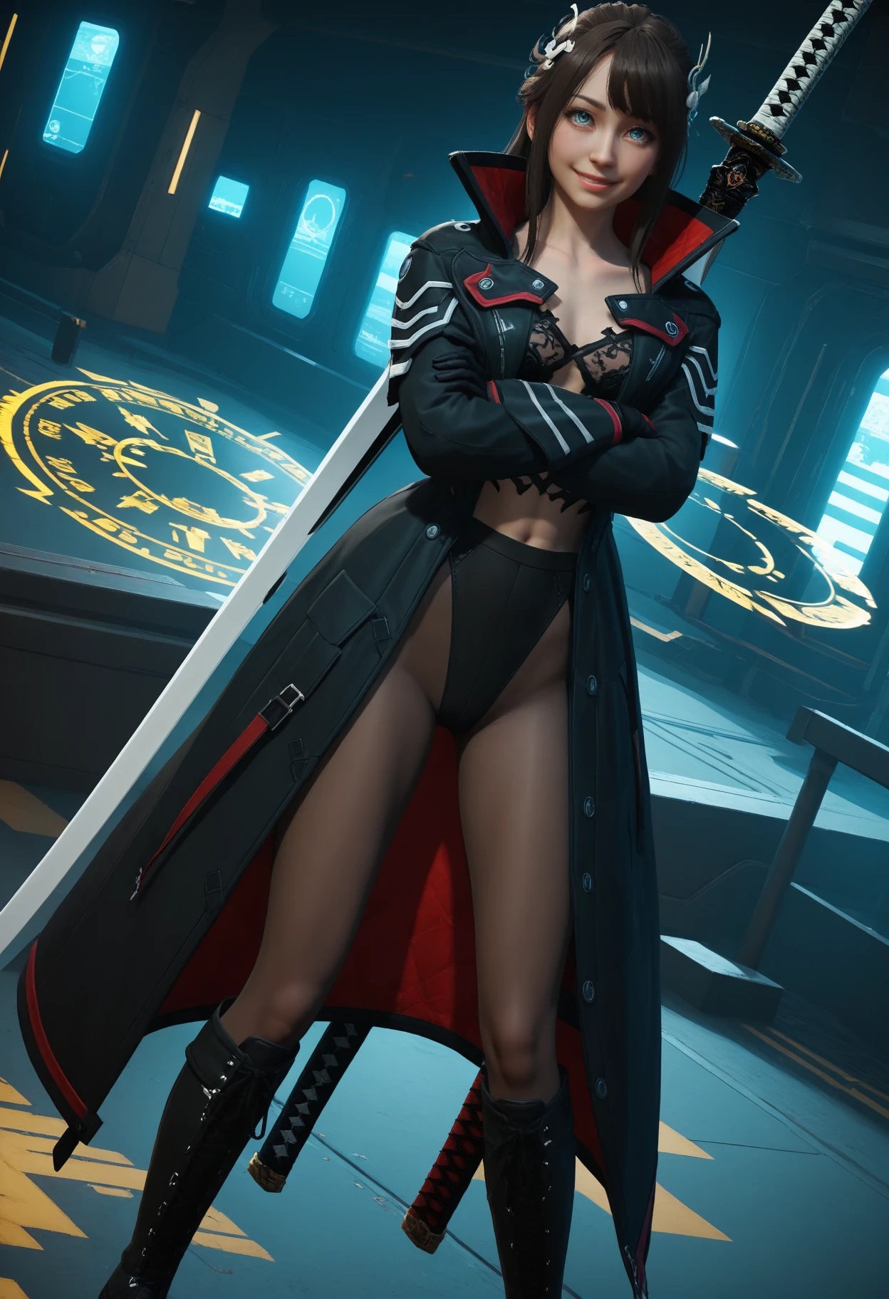 score_9, score_8_up, score_7_up,
1girl, solo, black leotard, midriff. black pantyhose. long coat, black coat. black gloves. knee boots, cross-laced footwear. hair ornament. katana, floating weapon, magic circle. cyberpunk, science fiction, smile, crossed arms, contrapposto, dutch angle, 
<lora:Dark_Annie_Pony_v1.0:0.75> d4rk4nn13,