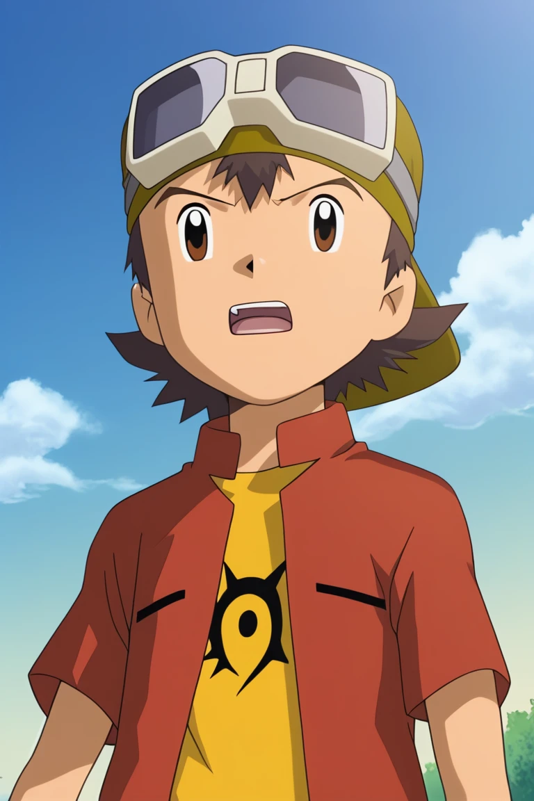 score_9, score_8_up, score_7_up, score_6_up, detailed, intricate details,best quality ,source_anime, cowboy shot, male focus
takuya kanbara, brown hair, brown eyes, red jacket, yellow shirt, 1boy, male focus, solo, open mouth, goggles on head, hat, sky, teeth<lora:EMS-421335-EMS:1.000000>