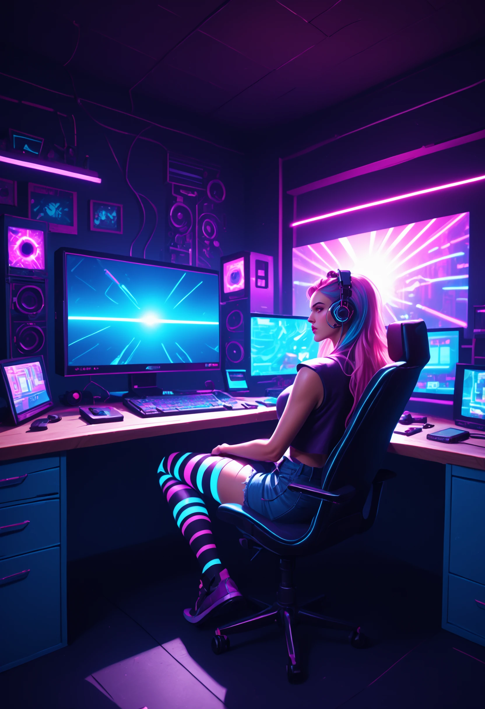 1girl, male focus, genderless, transgender, voluptuous, brown eyes, two tone hair, pink hair, blue hair, long hair, stubble, shorts, crop top, striped stockings, thighhighs, computer chair, legs up, sitting, gaming rig, computer desk, gaming headset, LCD monitor, bedroom theme, indoors, neon lighting,  vaporwave, synthwave, neon,  retro, (fantasy), (lens flare, light leak, prismastic), Unreal Engine 5, (side-lighting), (cyberpunk), dynamic angle,  cinematic photography, neon outlights, dark background, wide shot, ultrasharp, desktop wallpaper, octane render, futuristic, neon theme, score_9, score_8_up, score_7_up, score_6_up, score_5_up, score_4_up,