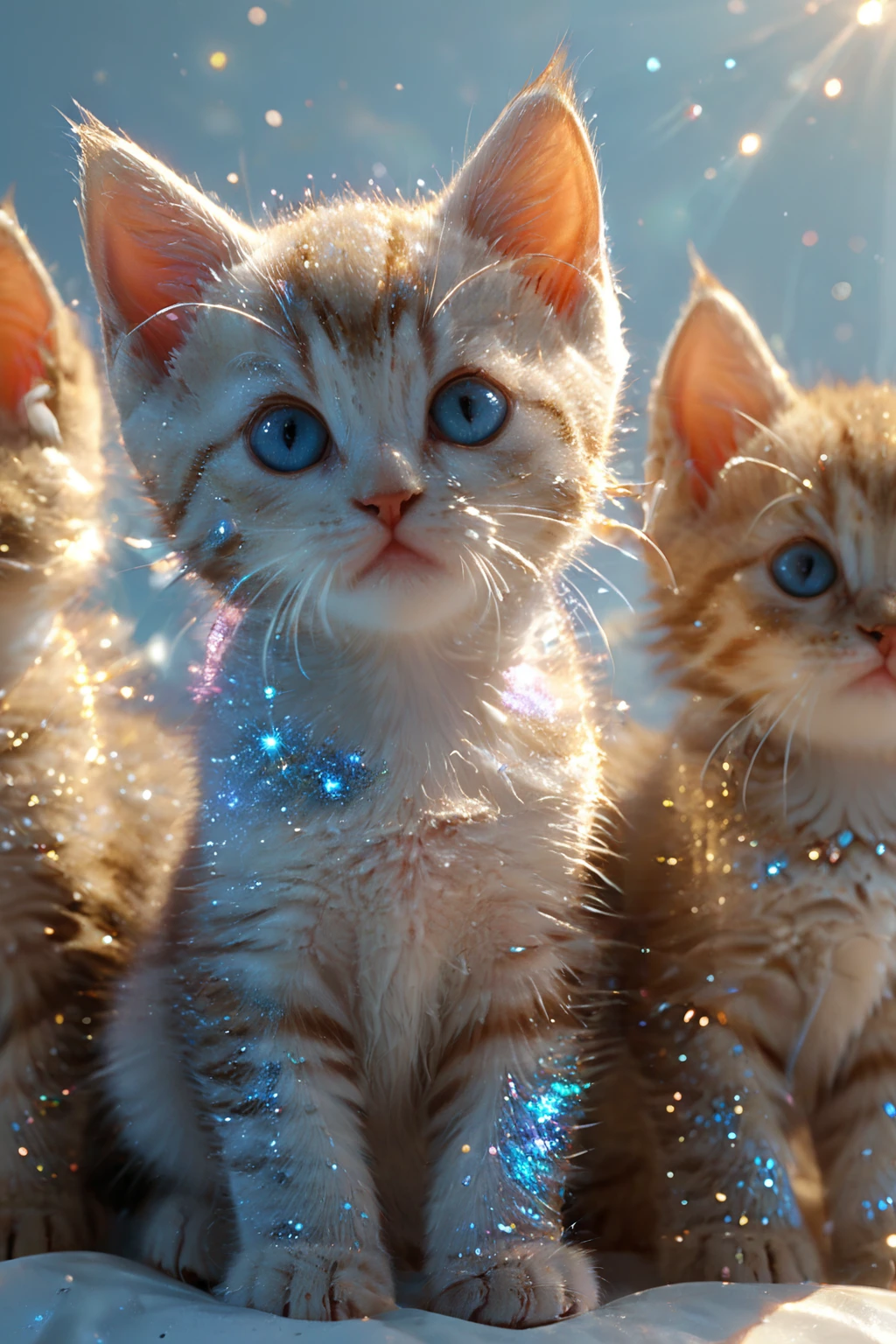 breathtaking <lora:CatSaviorXL:0.9>,
CatSavior,no humans,animal focus,whiskers,cat,realistic,head lift,animal,blue eyes,simple background,sparkle,light particles,shiny,
(light particles:1.7),(glowing:1.4),(shiny:1.5),(shone:1.3),medium_shot,sunlight,backlighting,<lora:xl_more_art-full_v1:0.6>,<lora:add-detail-xl:0.6>,(4 kittens:1.3),kitten,, best quality , masterpiece, illustration, an extremely delicate and beautiful, extremely detailed ,CG,unity,8k wallpaper, Amazing, finely detail, masterpiece, best quality,official art,extremely detailed CG unity 8k wallpaper,absurdres, incredibly absurdres, huge filesize , ultra-detailed, highres, extremely detailed,beautiful detailed girl, extremely detailed eyes and face, beautiful detailed eyes,light on face, . award-winning, professional, highly detailed