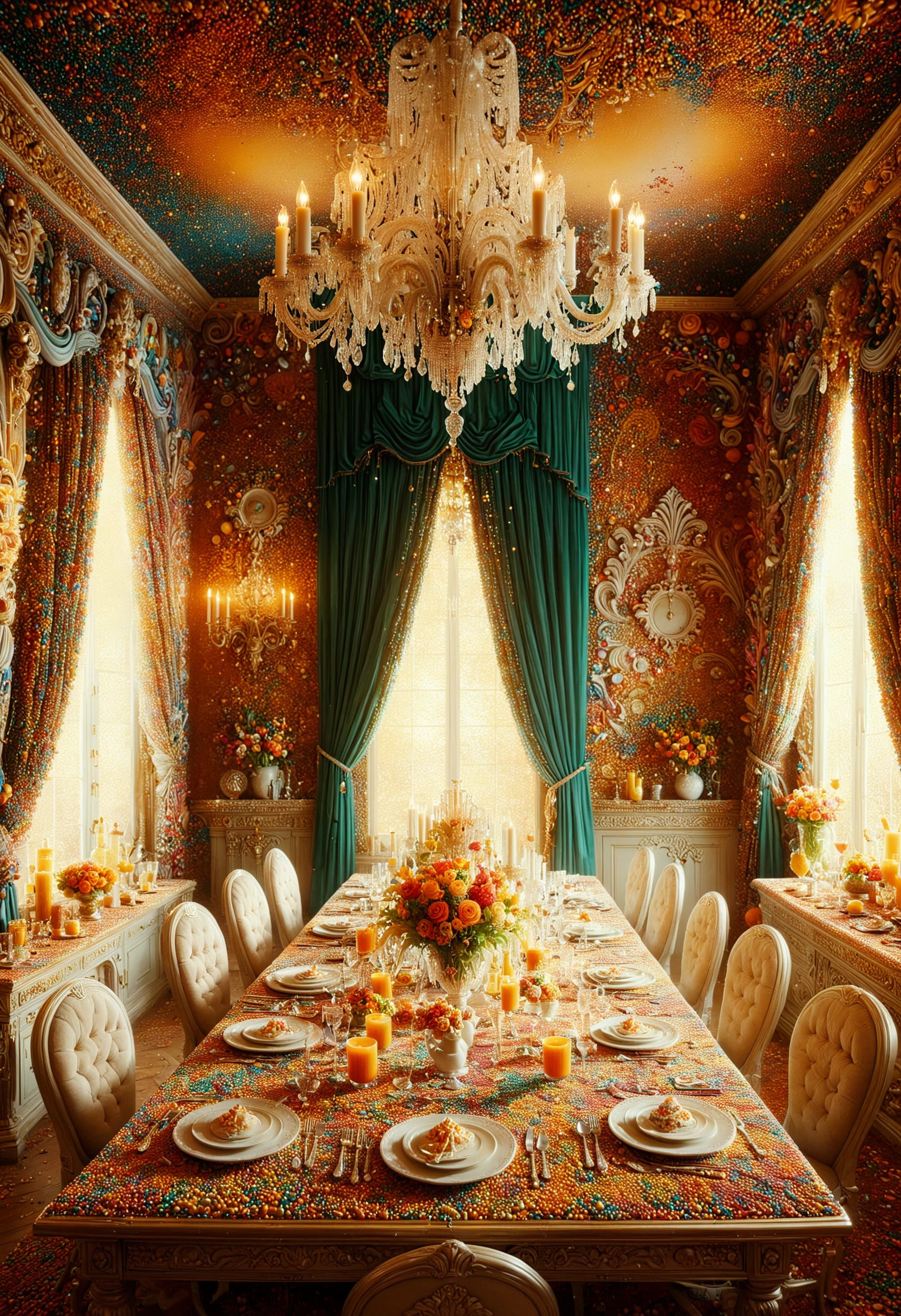 Lavish scene of a grand dining room with a (chandelier:1.2) casting a warm glow over a (long:1.1), (ornate:1.3) table set for a feast. Rich, opulent, intricate details, elegant decor, bustling staff, by Gordon Parks, Hasselblad camera, vibrant colors, high contrast, classic elegance, made out of sprinkles, <lora:PinkieSprnklsSDXL-v1:1>, p1nkspr1nkles, colorful,