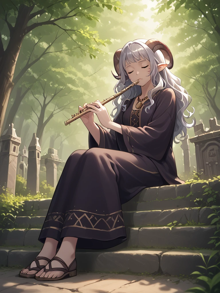 source_furry, score_7_up, rating_safe, sitting, <lora:Graveyard:1>graveyard:1.5, day, 
anime face,<lora:whisker_markings:0.8>red whisker_markings, silver long wavy hair,  bell necklace, short pointy ears, purple eyes, <lora:age_slider_v4:0.6>
<lora:Smooth Style 2 SDXL_LoRA_Pony Diffusion V6 XL:0.3> full body,  closed eyes,  close up:1.3 ,<lora:flute:0.8> flute:1.3, holding instrument:1.3,
<lora:Test_Diana:0.8> tiefling_bard_diana,  from below,