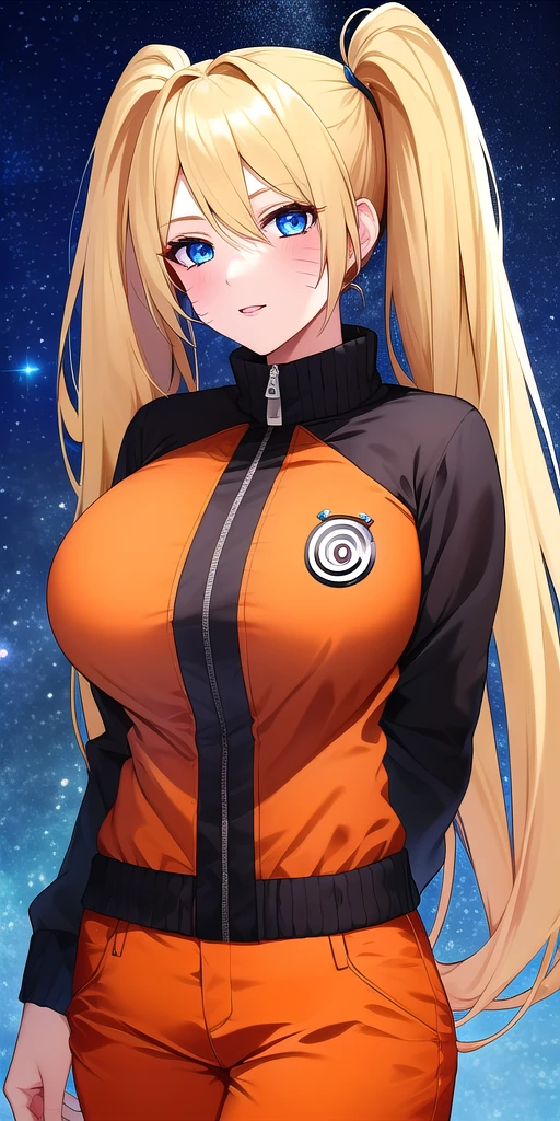 <lora:UzumakiNarukoV3:0.7> naruko_uzumaki, huge_breasts, standing, solo, arms_behind_back, multicolored_jacket_black_jacket_orange_jacket, orange_pants, starry_sky,, masterpiece, best_quality, detailed_face, detailed_eyes, highres, beautiful, detailed, absurdres,