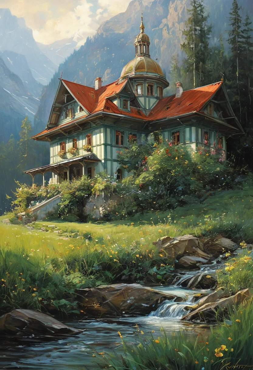 by Karol Bak and Daniel Gerhartz, a beautiful painting of a building in a serene landscape