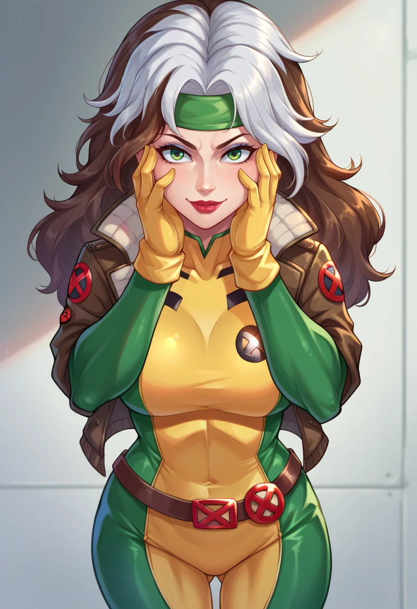 score_9,score_8_up,score_7_up BREAK <lora:rogue:1>,rogueSDXL,1girl,solo,long hair,looking at viewer,brown hair,gloves,green eyes,jacket,white hair,open clothes,open jacket,lips,bodysuit,makeup,headband,lipstick,skin tight,multicolored clothes,buckle,belt buckle,leather,superhero,bomber jacket,dyed bangs,multicolored bodysuit,green bodysuit,yellow bodysuit,cowboy shot,room,room background,hands on face, smile, from above,