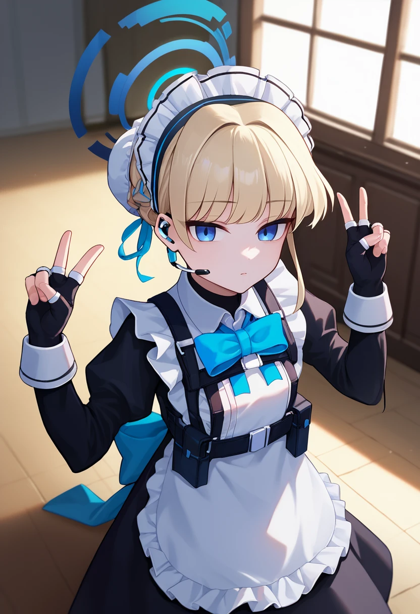 score_9, score_8_up, score_7_up, source_anime, solo, 1girl, tokidef, expressionless, looking at viewer, double v, short hair, single hair bun, bun cover, braid, hair ribbon, blue ribbon, maid headdress, earpiece, blue halo, frills, black dress, blue bowtie, white apron, maid apron, chest harness, long sleeves, puffy sleeves, black gloves, fingerless gloves, indoors <lora:ba_asumatoki_ponyXL:1>