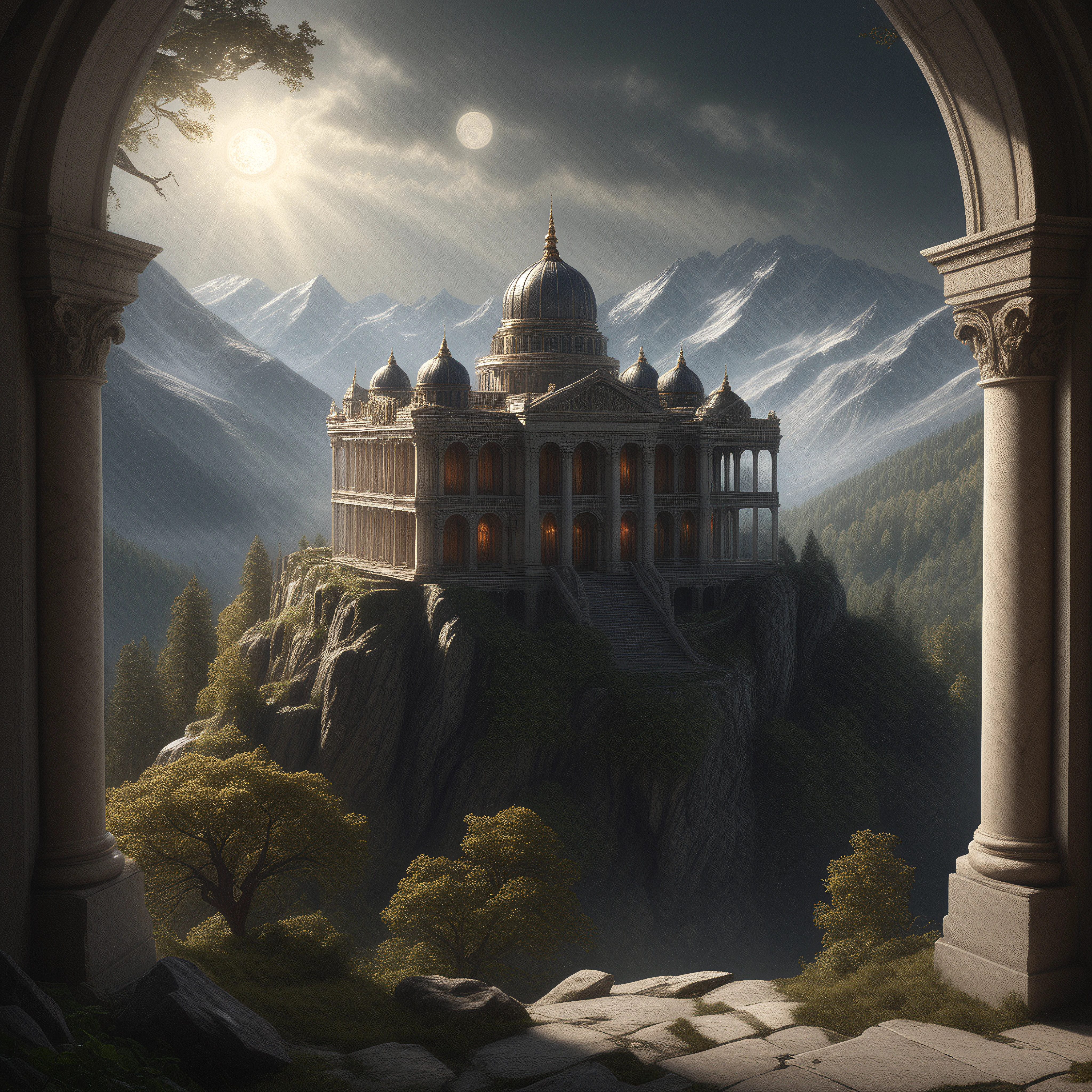 a marble palace, on a mountain, fantasy, medieval, realism, matte painting, detailed, cinematic view, dapple sunlight, soft light, from above, octane, beautifully detailed, dramatic light coming through window, dark forest, moonlight, cinematic lighting, by  Albert Bierstadt















